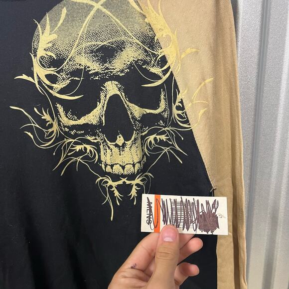 VTG Y2K Grunge Streetwear NWT Long Sleeve Skull Affliction Two Tone Shirt SZ L - Picture 4 of 5